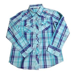 Cattlelac Ranch Pearl Snap Embroidered Western Shirt Cowgirl Rodeo Blue